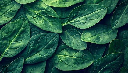 Fototapeta premium Flat Lay of Fresh Spinach Leaves Showcasing Textures and Vibrant Hues for Culinary Background Use.