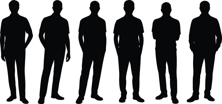 Black silhouettes of standing human figures in casual stances with varied postures, arms crossed, hands in pockets, and relaxed positions