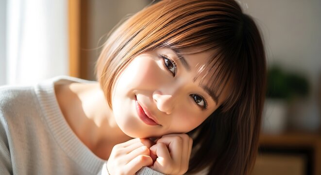 Young adult woman with light brown hair smiles warmly while leaning her chin on her hands indoors