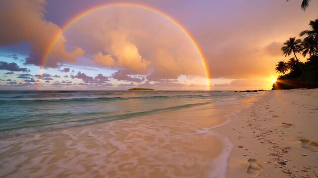 Stunning Rainbow Arches Across a Tropical Beach at Sunset with Calm Turquoise Ocean and Palm Trees