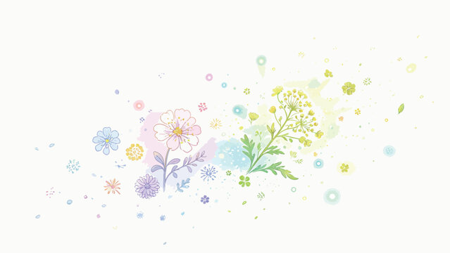 Soft Whimsical Hand-Drawn Pastel Wildflower Illustration with Glowing Sparkle Particles, Delicate Tiny Blossoms and Clovers on Clean Bright White Background