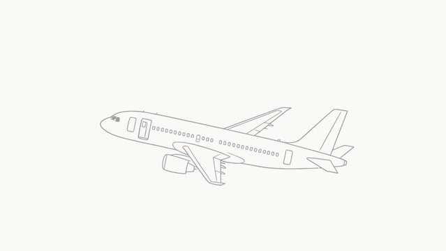 Minimalist clean line art side view of an ascending twin-engine passenger jet airliner, uncolored outline drawing on plain off-white background