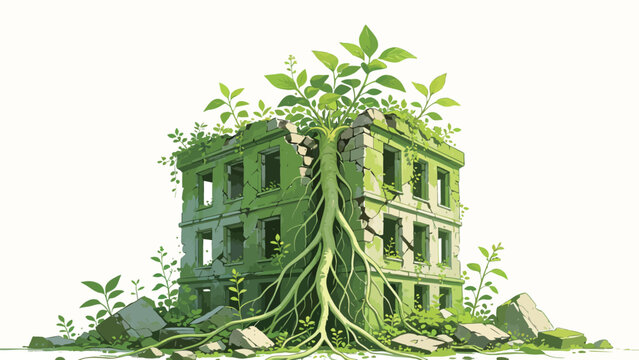 Conceptual Illustration of a Giant Sprouting Plant Splitting and Reclaiming an Abandoned Cracked Three-Story Building, Depicting Nature Rewilding Manmade Structure