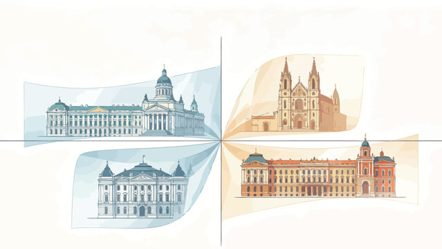 Elegant Minimalist Architectural Illustration of Four Historic European Landmarks in 2x2 Quadrant Layout with Curved Translucent Frames, Pale Blue and Warm Beige Palette