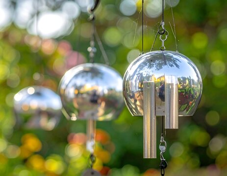 Shiny metal wind chimes hanging outdoors