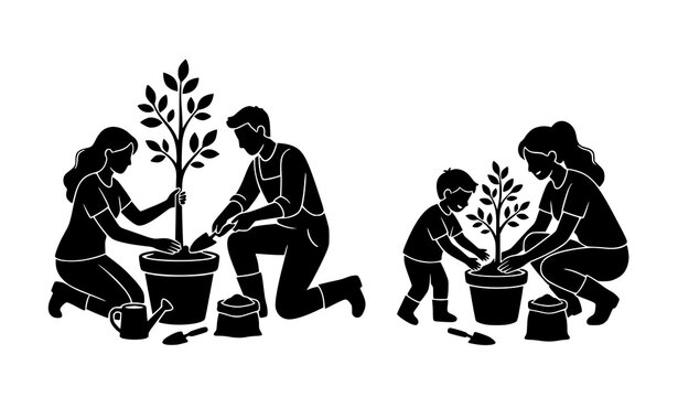 tree planting silhouette set with adults and child gardening together vector illustration