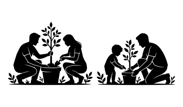 People planting tree in pot silhouette set with adult and child gardening vector illustration