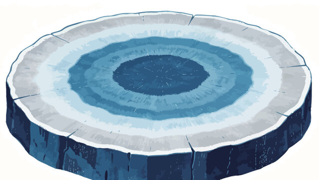 Isometric Conceptual Illustration of Tree Stump Cross Section Reimagined as Frozen Arctic Log Slice with Gradient Blue Growth Rings and Wood Cracks