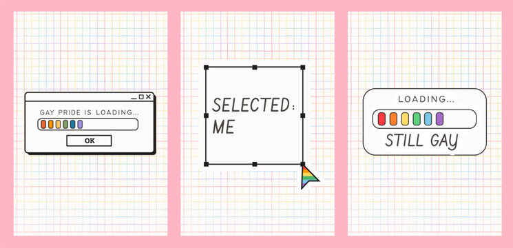 Set of Pride Month vertical banners with retro computer UI icons on rainbow grid background. 90s aesthetic social media story templates with loading bars and slogans for LGBTQ events. Vector