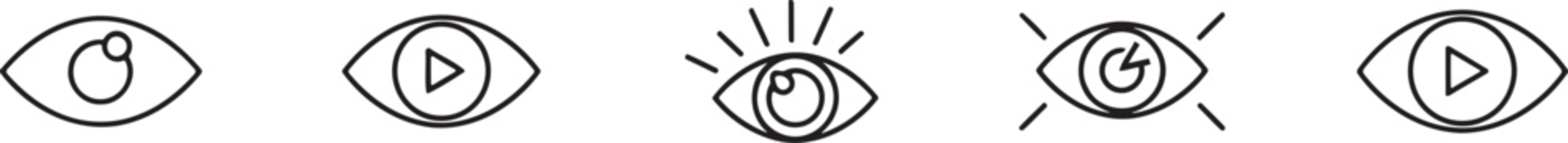 Five black line art eye icons with different symbols inside isolated on white