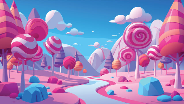 Fantasy candy land landscape with colorful lollipop trees and a river in a magical dream world Vector