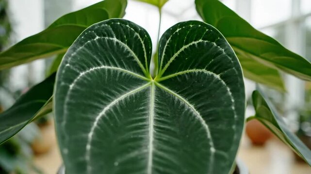Close up focus on heart shaped Anthurium plant leaf in a home greenhouse setting showing intricate vein structure and natural detail