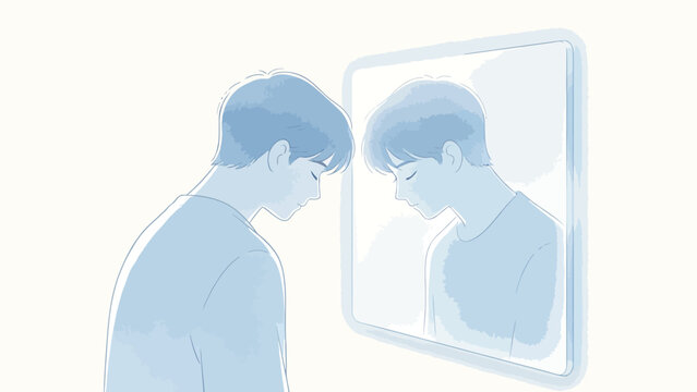 Soft airy minimalist pale blue line art illustration of a young man resting his forehead against his mirror reflection, eyes closed in quiet gentle introspection