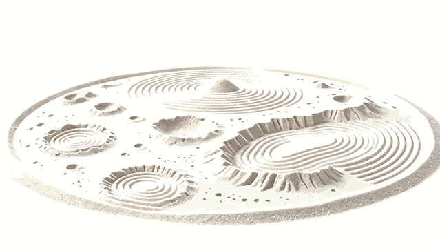 Minimalist High-Key Monochrome Circular Zen Sand Garden Art Featuring Lunar-Inspired Crater Topography and Concentric Ripples