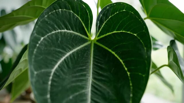 Close-up view of a heart-shaped anthurium plant leaf with green veins, in a home interior, potted in a textured gray pot