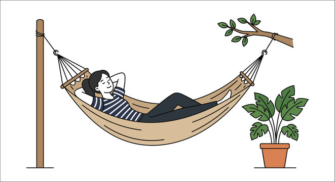 Woman relaxing in a hammock line art illustration on white background