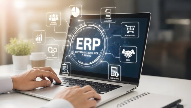 Businessperson working on laptop with enterprise resource planning software on screen