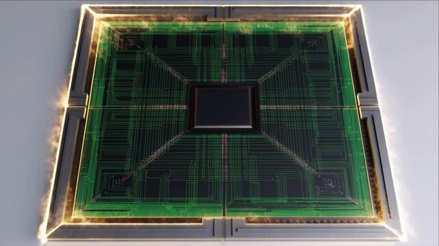 未来都市の超高層ビル頂部で黄金に発光し起動する巨大な金融HFTマイクロチップと回路網