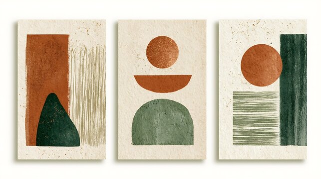 Set of three abstract boho wall art prints isolated on white background