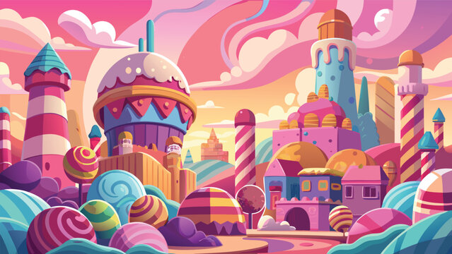 Magical candy land with colorful sweet buildings and towers in a dreamy fantasy landscape Vector