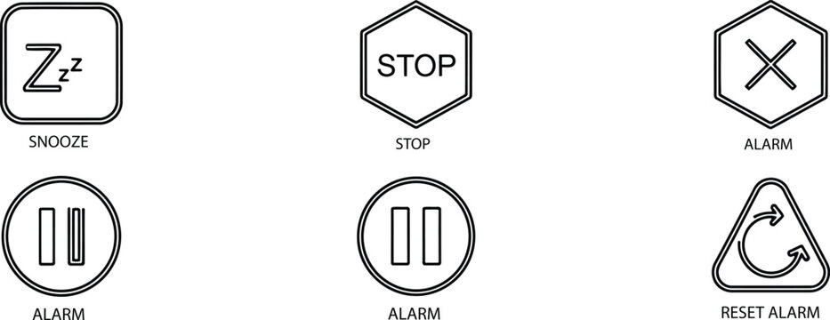 Alarm clock icons set snooze stop reset and alarm functions in black and white