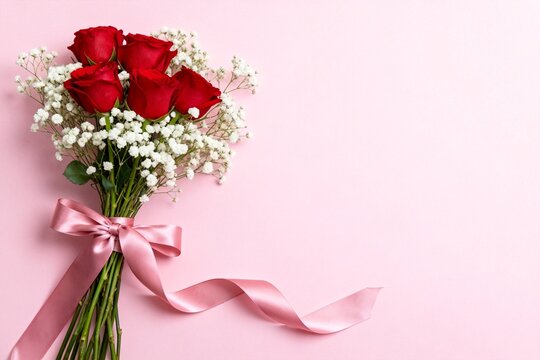 Bouquet of red roses with babys breath