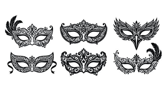 Venetian masks collection black silhouettes on white background