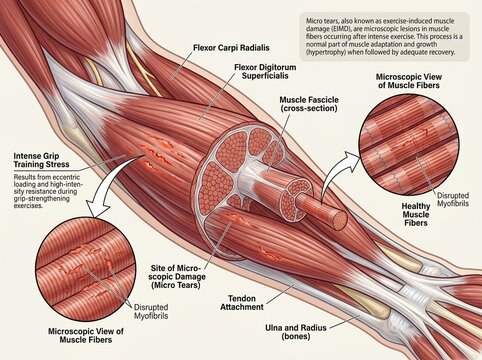 Educational Close-up Illustration of Micro-Tears in Muscle Fibers, Anatomy Concept of Hypertrophy Muscle Damage and Recovery Process for Fitness and Sports Science