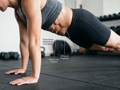 Educational Close-up of Core Tension and Abdominal Muscle Bracing, Anatomy Illustration of Transverse Abdominis and Obliques Engagement for Proper Exercise Form