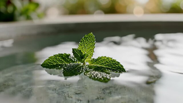A single fresh green mint leaf floating on clear rippling water surface, conveying peace, wellness, and organic purity for spa and health themes.