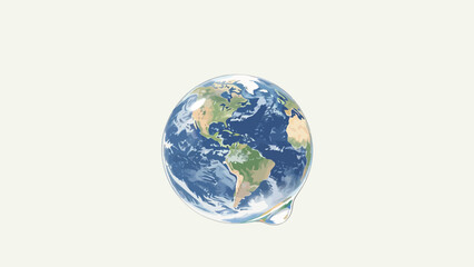 Fototapeta premium Fragile Planet Earth Encased in Delicate Transparent Soap Bubble with Hanging Droplet, Minimalist Environmental Vulnerability Concept on Neutral Off-White Background