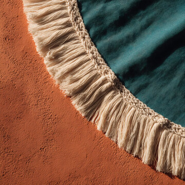 Close-up of cream boho fringe canopy edge on terracotta surface with teal linen fabric, natural texture detail, handmade textile summer lifestyle