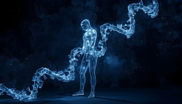 A futuristic digital illustration of a human figure made of glowing blue particles and DNA strands in a dark space background