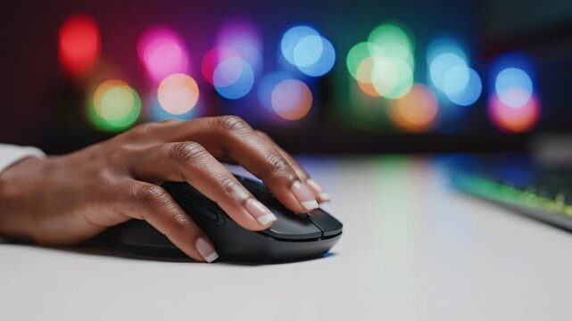 Close up view of hand using a computer mouse on a white desk, vibrant bokeh background