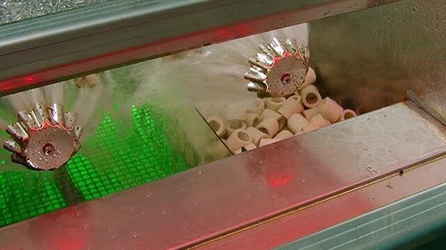 Hydro air filter unit diligently cleanses, showing water cascading over vibrant green filtration media. Glistening impellers churn liquid as ceramic rings further purify air, continuous process.
