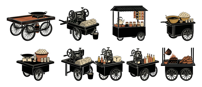 Street food vendor carts collection, traditional Asian market pushcarts with sugarcane press, cooking equipment and snacks. Vector icons set for culinary business, street food culture and urban kiosk
