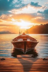 Fototapeta premium Traditional Thai Wooden Fishing Boat Calmly Moored at a Pier During a Colorful Golden Sunset Sky