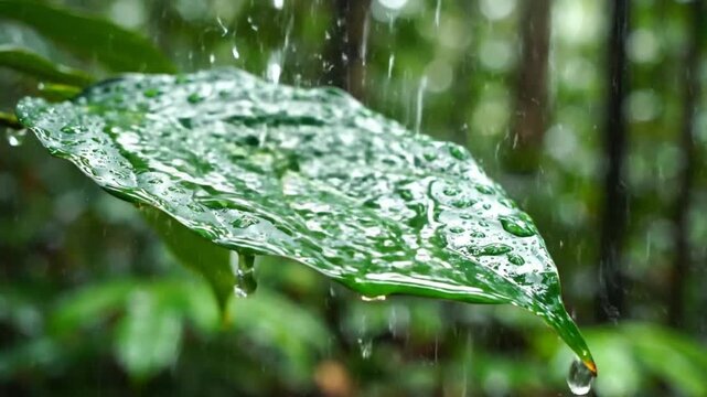 Rain drops fall on a green leaf in the forest creating a relaxing and peaceful natural scene with water and nature sounds