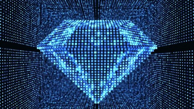 Abstract diamond shape comprised of data points glowing in blue with tunnel effect background