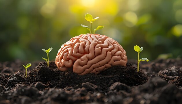 A human brain with small green plants growing out of it, symbolizing growth and development in a natural setting.