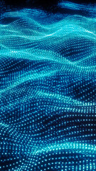 Obraz premium Flowing blue particle waves forming a luminous digital landscape, ideal for technology, data, and futuristic abstract backgrounds