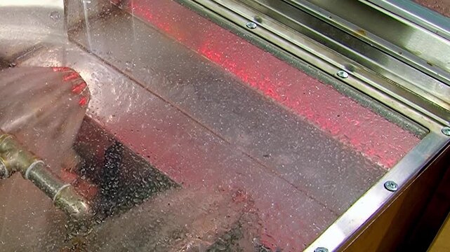 Water sprays vigorously within a clear enclosure, illuminated by a vivid red light. This essential hydro filter actively scrubs air, removing impurities to ensure a fresh environment.