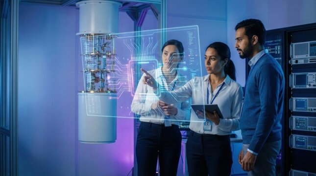 Team of scientists analyzing holographic computer chip in modern laboratory. Engineers working on quantum computing technology