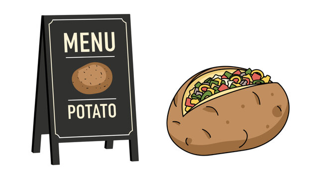 Baked Potato and Menu Board Illustration Isolated for Food Design and Marketing