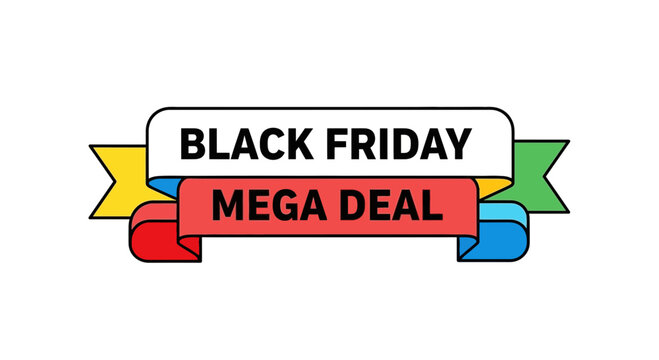 Black Friday Mega Deal Banner with Colorful Ribbons