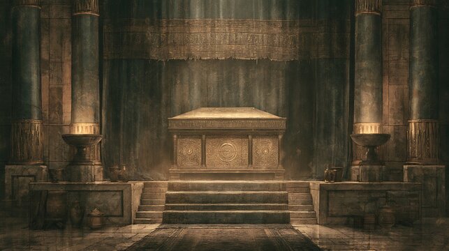 Ancient sarcophagus in a dimly lit temple chamber
