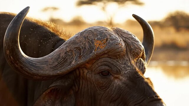 Close up view of an African buffalo head with large curved horns basking in the golden sunlight of the savanna