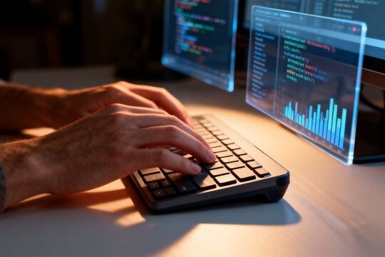 Person typing on keyboard with computer screens