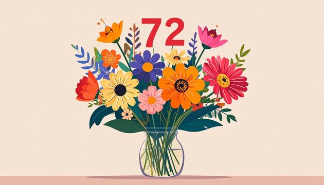 Vibrant Flower Bouquet with Number 72 for Birthday or Anniversary Celebration