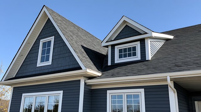 Modern blue house exterior with shingle roof and gables